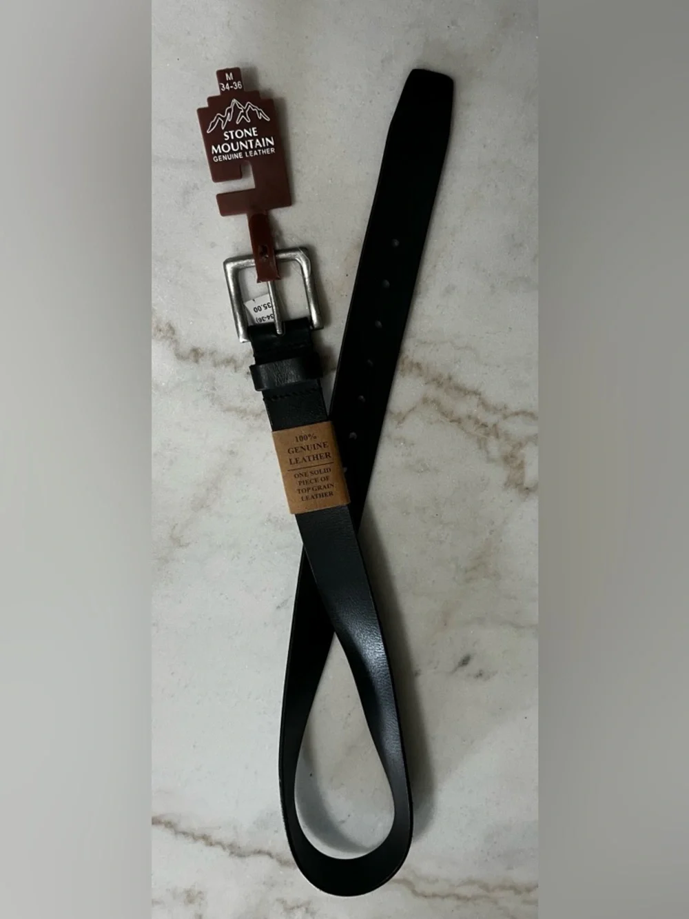 Stone Mountain genuine leather belt, Size 34-36 Black Leather Silver Tone Buckle
